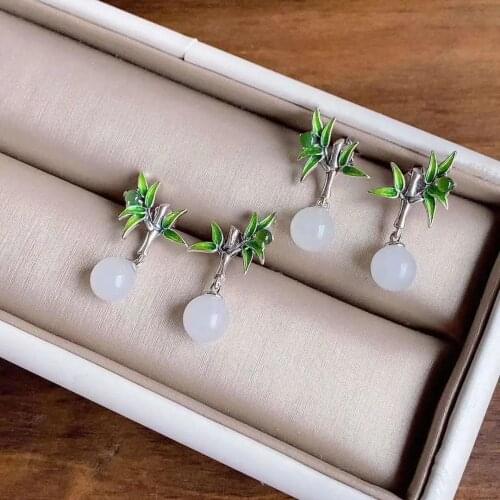 Natural Hetian jade bamboo Festival Earrings Chinese style retro gutta enamel porcelain craft elegant charm silver jewelry