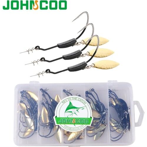 JOHNCOO 25pcs/box Weighted Swimbait Hooks with Silver or Gold Underspin Twist Lock 2g -9g Spring Hook Crank Hooks Jig Head Hook
