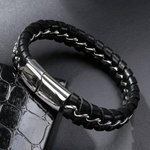 MOZO FASHION 2020 New Men Charm Leather Bracelets Stainless Steel Chain Bracelets Punk Rock Men Trendy Jewelry Gifts 2012
