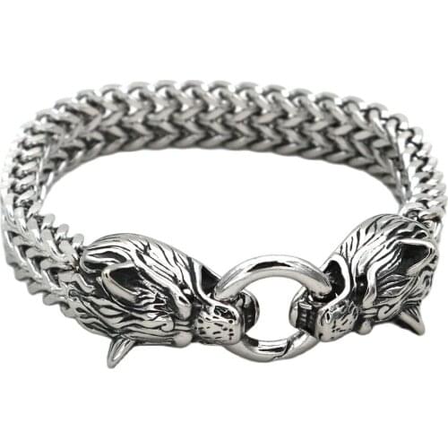 Viking Mens Wolf Head Bracelet Stainless Steel Wolf Head Hip Hop Bracelet Nordic Domineering Wolf Head Viking Chain