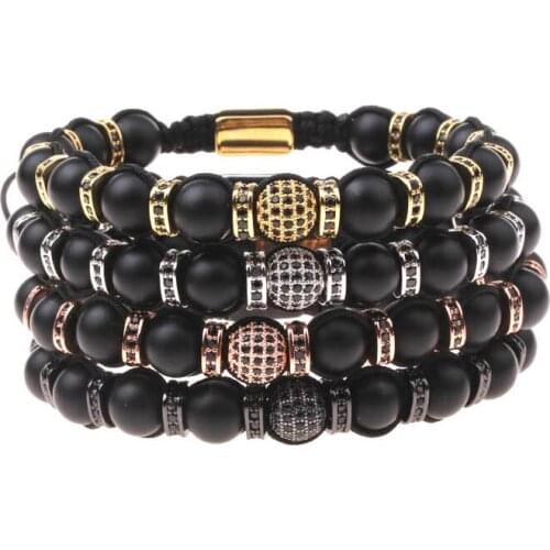 New Design Luxury High Quality CZ Ball Natural Stone Matte Onyx Braided Custom Beaded Macrame Jewelry Bracelet Men Women