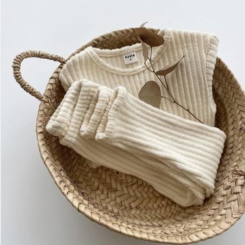 Autumn Winter Baby Boys And Girls Clothes Set Ribbed Sweater Bottom Shirts And Pants Suit Childrens Clothing 2 Piece Set