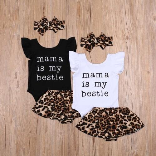 Baby Girls Two-piece Clothes Set Round Collar Fly Sleeves Romper and Leopard Printing Shorts Black/ White