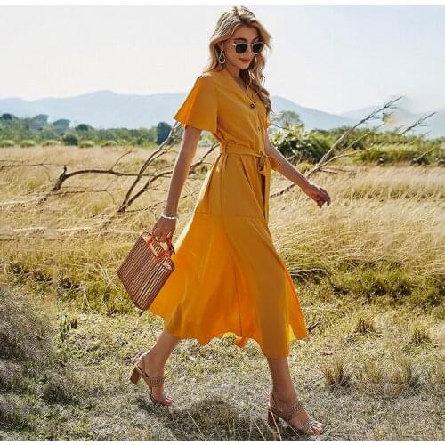 Casual Female V-Neck Belt Button Solid Dress 2021 Yellow Short Sleeve Retro Slim Maxi Robe Sexy Ladies Womens Shirt Dresses