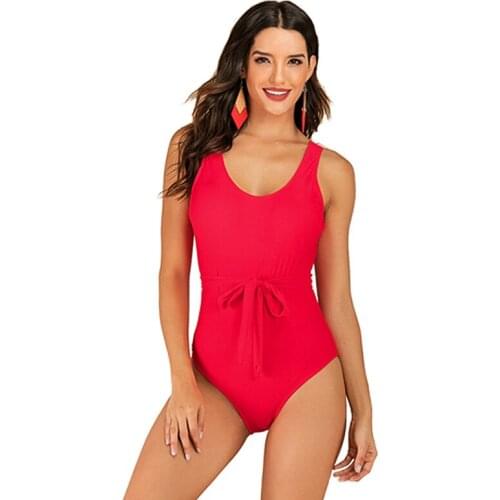 Sexy Red One-piece Swimsuit Plus Size S-XXL Women Slim Fit Belt Monokini Swimwear 2020 Summer Beach Girl Swimming Bathing Suits