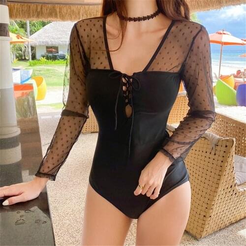 Sexy Lace One Piece Swimsuit Women Solid Swimwear Logn Sleeve Monokini Push Up Swim Suit Lace Up Trikini Pad Bath Suit Backless