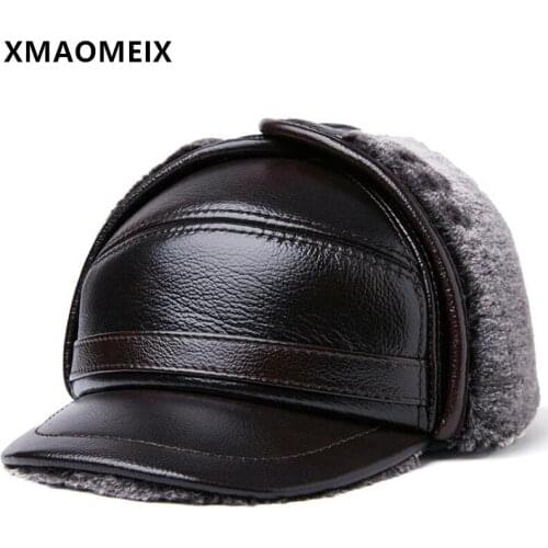 XMAOMEIX New Winter Mens Natural Genuine Leather Hat Fur Cowhide Warm Bomber Hats Men Black Earmuffs Caps Brands Fluff Ski Cap
