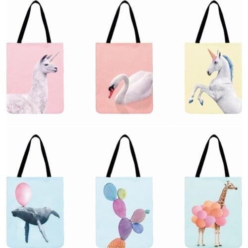 Modern Creative Poster Fresh Animal Printed Tote Bag For Women Foldable Shopping Bag Linen Fabric Bag Outdoor Beach Bag Handbag