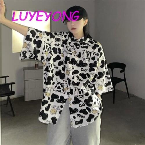 Lapel Collar Loose Lady Cartoon Shirts Summer Kawaii Unisex Cow Print Shirt Single Breasted Lovely Harajuku Korean Fashion Cloth