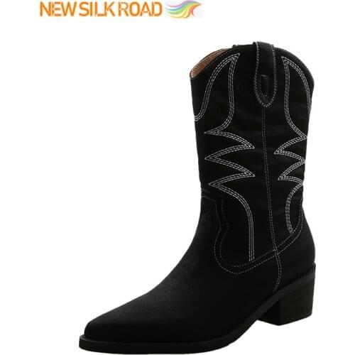 2021 Women Mid Calf Boots Motorcycle Western Knights Cowboy Scottish Booties Gladiator Vintage Point Toe Shoes Botas De Mujer