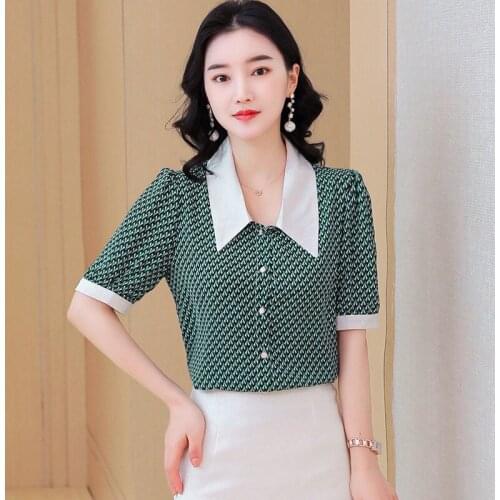Women Elegant Shirts Short Sleeve Temperament Doll Collar Korean Style Print Blouses Summer Loose Blusas Chiffon Tops MM0742