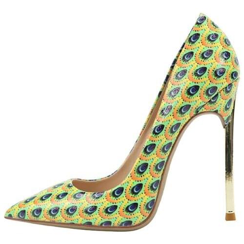 Moraima Snc Vintage High Heel Shoes Sexy Pointed Toe Feather Printed Thin heels Woman Pumps 12cm Single Shoes
