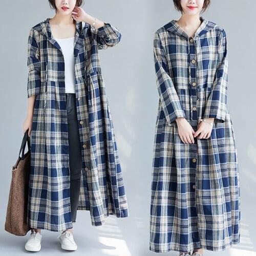 Vinage Long Plaid Trench Coat Women 2020 new Spring Autumn Korean Large Size Loose Shirt Long Sleeve Hooded Windbreaker b432