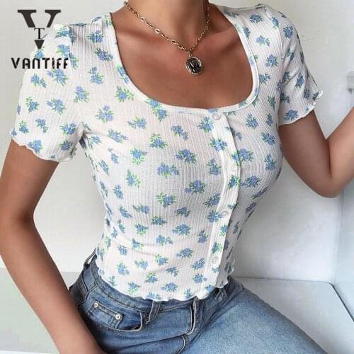New Sexy Crop Tops Women Summer Print Blue Bottom T-shirt Woman Collar Slim Button Short Sleeved Top Bodycon Top for Female