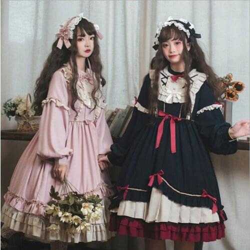 Original Design Palace Style Womens Lolita Dress Winter Long Sleeve Bow Double Layers Cute Girl One Piece 3 Colors