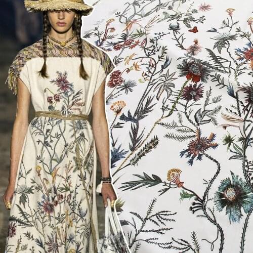 145 * 100cm Spring and Summer Dress Digital Printing Gaoding Fairy Flower Vine Embroidery Effect Custom Hemp Fabric