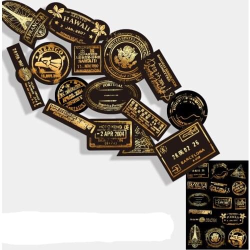 15PCS Luggage sticker gold on black suitcase stickers waterproof notebook skateboard trolley case stickers