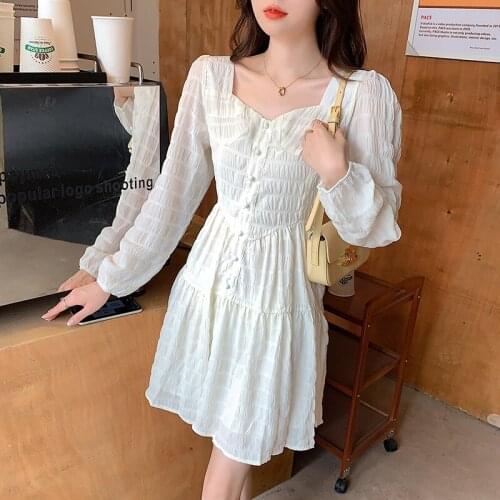 3125# 2021 Autumn New French Gentle Style Retro Peach Neck Bubble Check Solid Dress