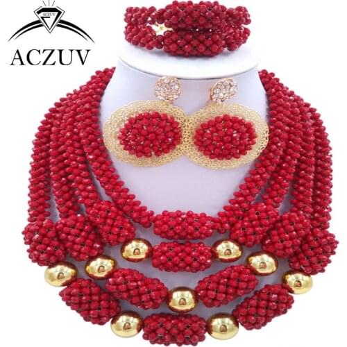 ACZUV Latest Nigerian Wedding Beads Opaque Red African Jewelry Set Luxury Bridal Jewellery Sets D4R005
