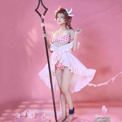 Arknights Cos Eyjafjalla Lamb Peach pink Cute Bikini swimsuit Female Transparent pink smock Cosplay Swimwear