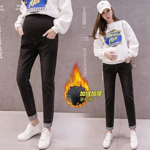 Pregnant women plus velvet jeans winter fashion wild pregnant women daddy pants thick loose casual warm tide mom pants