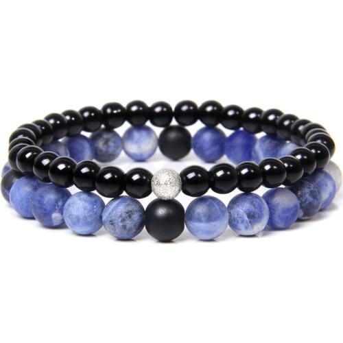 Trendy Sodalite Bracelet 2Pcs/Set Natural Stone Black Onyx Ball Charm Bracelets For Women Men Handmade Bangle Set Reiki Jewelry