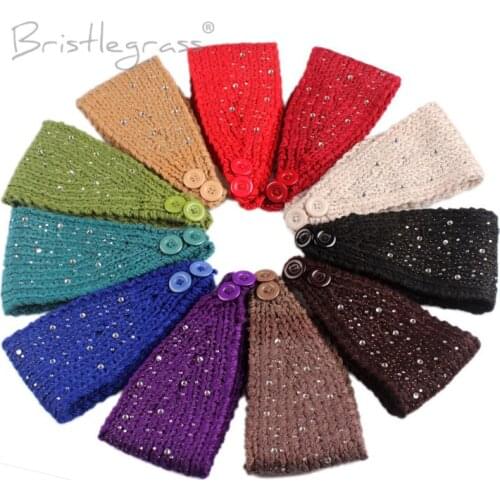 BRISTLEGRASS Women Winter Blend Rhinestone Crochet Knitting Knitted Headband with Button Headwrap Ear Warmer Turban Hair Band