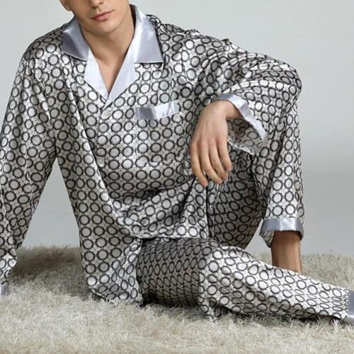 Men Summer Imitation Silk Pajama Set Print Shirt Long Pants Sleepwear Nightwear Home Male Satin Soft Cozy Sleeping