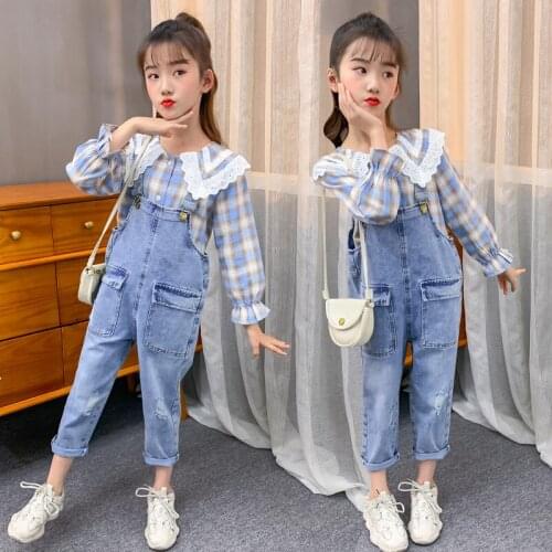 Girls Jeans Korean 2021 New Version Of The Spring And Autumn Girls Overalls Denim Pants Teenage Costume Casual Kids' Wear