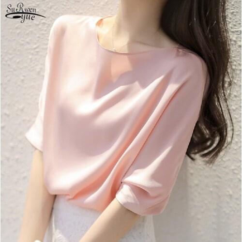 Short Sleeve Summer Woman Shirt White 2021 New Plus Size Satin Silk Blouses Casual Fashion Loose Tops Women Clothing Blusa 15374