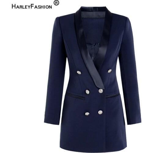 HarleyFashion Fall Spring Vintage Notched Slim Royal Blue Straight Dresses Shawl Collar Buttons Slim Quality Retro Dress
