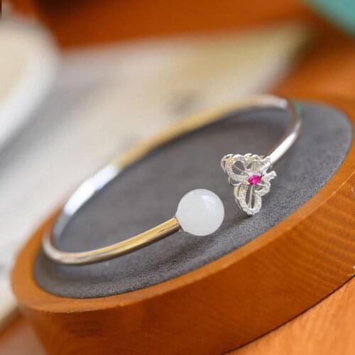 Natural Hetian Jade Butterfly Bracelet S925 Sterling Silver Young Thin Bracelet Butterfly Antique Retro Court Jewelry for Women