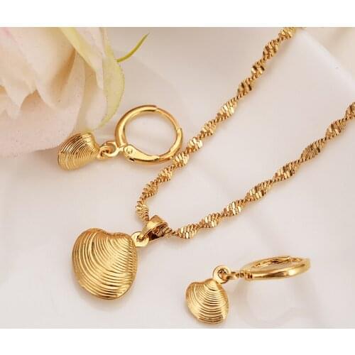 Dubai PNG Africa Romantic bride Sets gold LOVELYSHELL necklace drop Ear ring earrings Jewelry Set for women Wedding Bijoux gifts