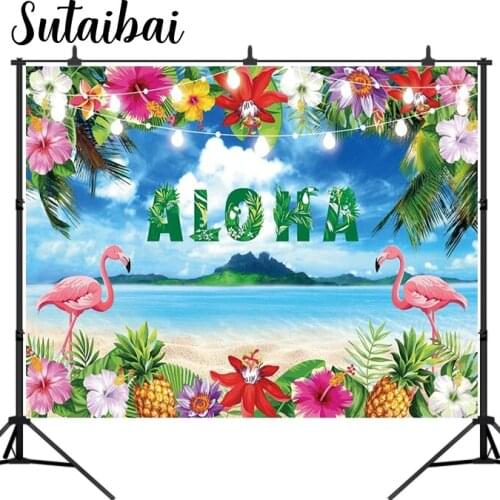 Summer Aloha Luau Party Backdrop Tropical Hawaiian Beach Seaside Flowers Photography Background Floral Flamingo Birthday Party