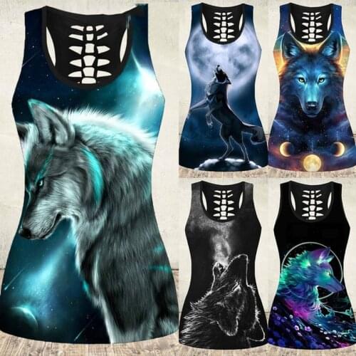 3D Wolf Print Tank Top Women Summer Fashion Cut Out Back Tanks Sleeveless Graphic Shirt Slim Fit Tops Plus Size Female Vests