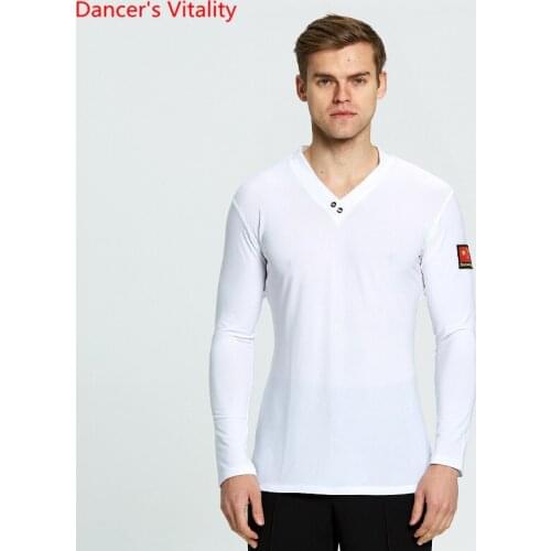 White V-neck Long/short sleeve tops Mens Ballroom Dance Shirt Adult Mens Waltz Cha Cha Latin Dance Stage Performance Clothes