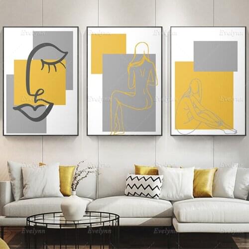 Nordic Grey and Mustard Line Drawing Woman Wall Art Canvas Painting Woman Poster Print Wall Picture for Living Room Home Decor