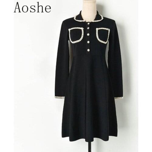 Office Lady Knitted Dress 2020 New Thick Warm Sweaters Dresses Turn-down Collar Buttons Long Sleeve Elegant Female Sweater Dress