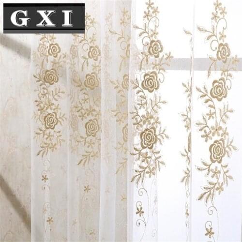 GXI Luxury Gold Floral Sheer Curtains For Living Room Bedroom Kitchen Embroidery Tulle Window Screening Panel
