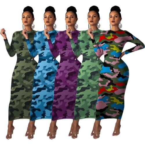 Sexy Camouflage Dress Long Sleeve Elegant Casual Autumn Dress Ladies Women Fall Wear Bodycon Long Sundress Fall Winter 2020