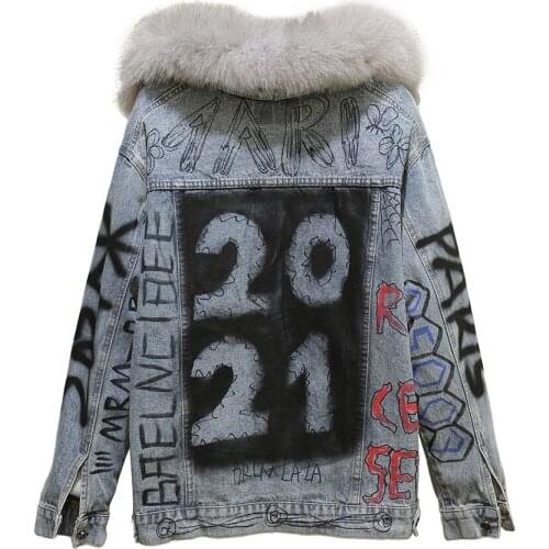 Graffiti tie dyed streetwear denim jacket letter printing coat women 2021 winter loose warm fashion real fox fur collar Parka