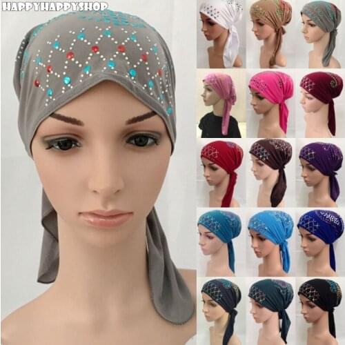 Women Multi Color Sequins Bandage Hat Muslim Inner Hijab Caps Islamic Headscarf Wrap Headband Arab Turban Bandanas Cap
