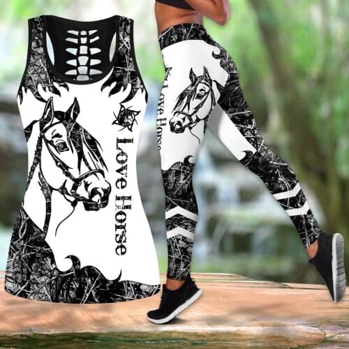 Love Horse Black Tatoo 3D Printed Hollow Tank Top & Leggings Set Fitness Female Full Length Leggings Running Pants DDK72