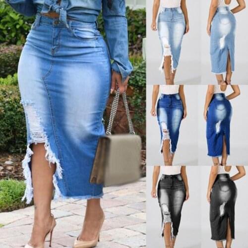 Women Fashion High Waist Ripped Split Denim Distressed Jeans Bodycon Long Skirt