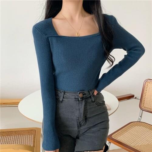 2020 Long Sleeve Knitted Sweater Women Pullover Square Collar Sweaters Korean Style Autumn Winter Slim Pull Knitwear Casual