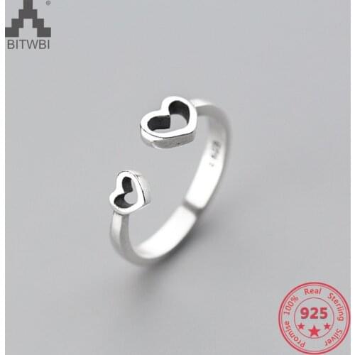 Wholesale Japan Korea Style S925 Sterling Silver Fashion Cute Sweet Duoble Heart Open Adjustable Ring Women Jewelry