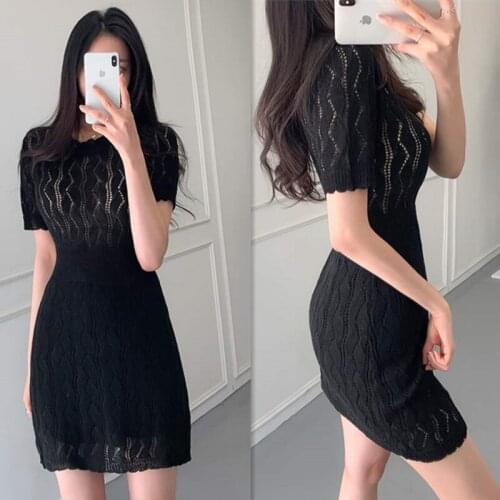 2021 Summer New Short Sleeve Womens Hollow Slim Solid Color Simple White Black Short High Waist Korean Knitted Sweater Dress