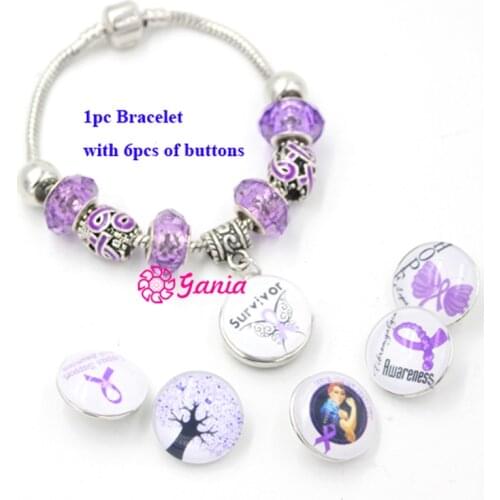 1PC 6PCS Button Pancreatic Cancer Awareness Jewelry DIY European Style Purple Ribbon Bracelet for Pancreatic Cancer Awareness