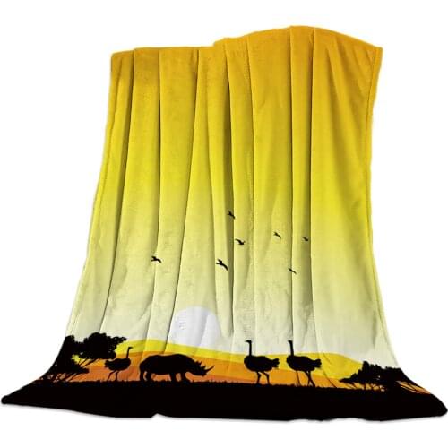 African Sunset Landscape Animal Ostrich Throw Blanket Portable Soft Sofa Blanket Warm Microfiber Flannel Blankets for Beds
