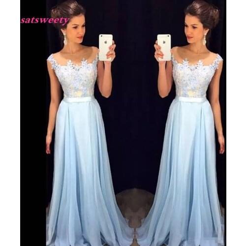 Bridesmaid Dresses Elegant Light Sky Blue Sheer Neck Cap Sleeves Appliqued Chiffon Floor Length Modest Prom Dresses